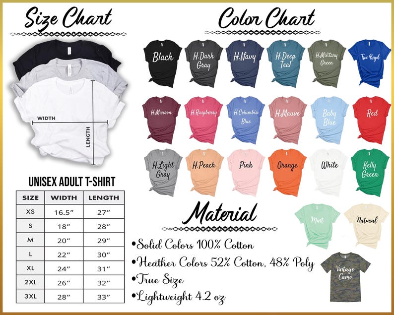 The image displays a collection of t-shirt designs, including color charts and size charts, along with details about the materials used.