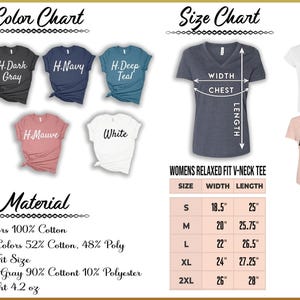 The image displays a collection of t-shirts with various sizes and colors, along with their corresponding measurements and material information.