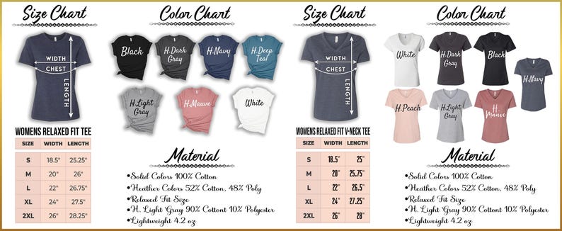 The image displays a collection of t-shirts with various sizes and colors, along with their corresponding measurements and material information.