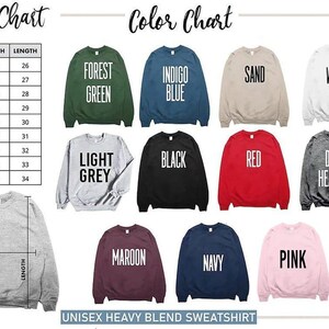 Op de afbeelding: Een maattabel en kleurentabel voor een unisex sweatshirt met zware mix. De kleurentabel toont sweatshirts in verschillende kleuren, waaronder bosgroen, indigoblauw, zand, wit, lichtgrijs, zwart, rood, donkergrijs, kastanjebruin, marineblauw en roze. Maten in cm.