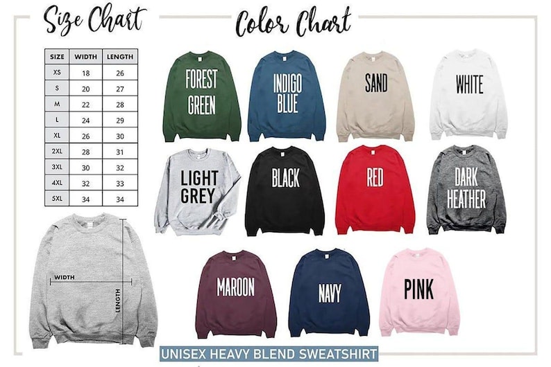 Op de afbeelding: Een maattabel en kleurentabel voor een unisex sweatshirt met zware mix. De kleurentabel toont sweatshirts in verschillende kleuren, waaronder bosgroen, indigoblauw, zand, wit, lichtgrijs, zwart, rood, donkergrijs, kastanjebruin, marineblauw en roze. Maten in cm.