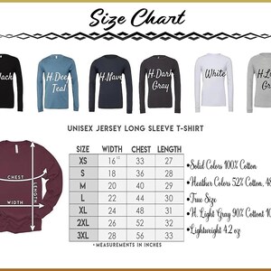 The image displays a size chart for a unisex long sleeve t-shirt, with various color options and corresponding measurements.