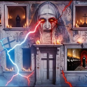 May include: A stone-textured wall display featuring a large, central face of a nun with glowing yellow eyes and red streaks. The structure includes multiple windows with lit candles, religious symbols, a central door with a cross, and lightning bolts.