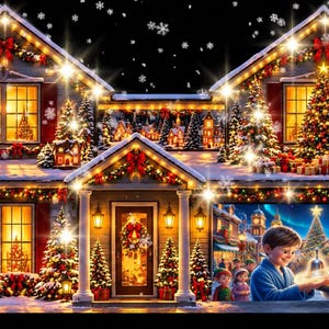 May include: A two-story house decorated with glowing Christmas lights, garlands, and wreaths. The scene features snow, multiple evergreen trees, and a large window display showing a child receiving a bell from Santa Claus at night.