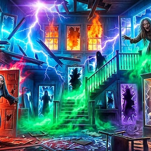 May include: A digital illustration of a haunted house interior featuring a nun emerging from a fiery doorway, a doll in a glass display case, multiple ghostly figures, shattered windows, bright lightning bolts, and green smoke filling the room.