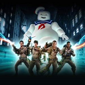 May include: A digital poster featuring four figures in tan jumpsuits and proton packs standing in a city street. A large white marshmallow character with a blue collar and red scarf looms behind them. Bright blue and orange electrical energy arcs across.