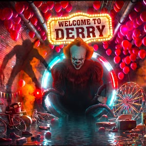 May include: A dark, atmospheric scene featuring a clown with orange hair and white face paint emerging from a circular portal. A sign above reads WELCOME TO DERRY. The setting includes red balloons, a bicycle, a ferris wheel, and a toy horse.