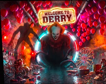 May include: A dark, atmospheric scene featuring a clown with orange hair and white face paint emerging from a circular portal. A sign above reads WELCOME TO DERRY. The setting includes red balloons, a bicycle, a ferris wheel, and a toy horse.