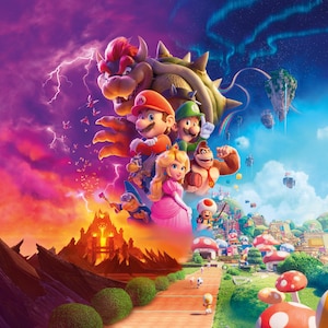 May include: A vibrant digital illustration featuring Bowser, Mario, Luigi, Princess Peach, Donkey Kong, and Toad. The scene transitions from a dark, stormy volcanic landscape on the left to a bright, colorful mushroom kingdom on the right.