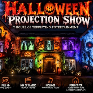 May include: A digital Halloween projection show featuring a 2-hour full HD video with horror themes. The display includes projections of skulls, ghosts, and skeletons on a house exterior, accompanied by atmospheric audio and instant download.