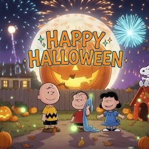 May include: A Peanuts scene featuring Charlie Brown, Linus, and Lucy standing in a pumpkin patch with Snoopy on a doghouse. A large glowing jack-o'-lantern sits behind them under a night sky with fireworks and the text HAPPY HALLOWEEN.