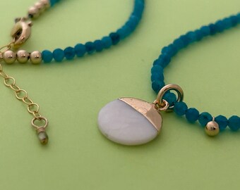 AMAZING Amazonite with Pearl Shell Pendant/Gold Filled/17-18 1/2"\/BLUE