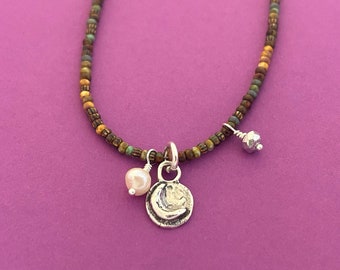 TO the MOON and BACK Necklace/18-19 1/2"/Seed Bead/Pearl/Glass Beads/Gift for Her