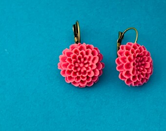 LARGE FLORAL Pink Lever Back Earrings in Mixed Metal