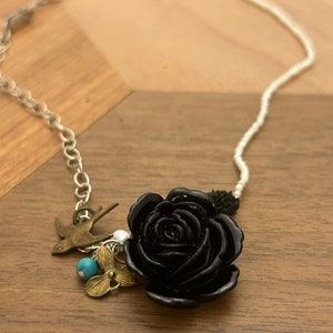 BLACK ROSE with dainty pearl and sterling silver chain VINTAGE like***Clearance***/Gift for Her/Dainty Jewelry/Vintage Jewelry/Antiqued