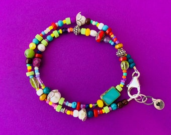 7 1/2" WHIMSICAL Double Stranded  Multi Stone and Seed Bead Mix BRACELET