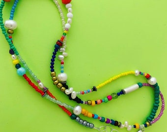 17" DOUBLE STRAND Seed Bead with Pearls and Multi Stones and a Sterling Silver Extension Chain with Accent Heart Charm