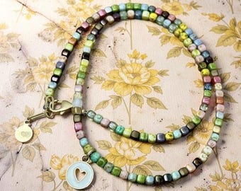 WHIMSICAL Heart Necklace: Czech Glass Beading, Gold Filled Charm N52