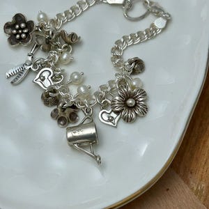 Sterling Silver Garden Charm Bracelet: Flowers, Pearls, Watering Can