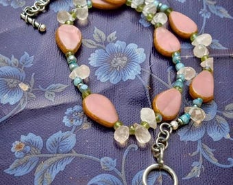 PRETTY N PINK Beaded Necklace with Faceted Teardrops and Czech Glass Beading 16 1/2" N55