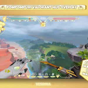 May include: A video game screen capture showing a first-person perspective of a player in a virtual world. The player is holding a gun and is looking at a red and green landscape. The game's user interface is visible at the top of the screen, with a yellow cartoon dog character. The text "POMPOMPURI VALORANT HUD OVERLAY" is displayed at the top of the screen. The text "COMES WITH 3 MAP OVERLAYS 1 MYSTERY MAP OVERLAY" is displayed in a yellow box at the bottom right of the screen.