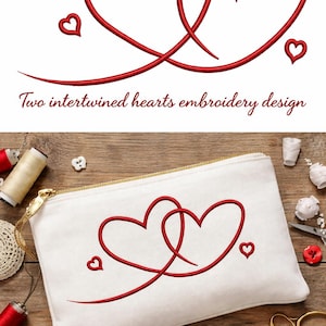 May include: A white zipped pouch featuring a red embroidered design of two intertwined hearts and three smaller hearts. The text "Two intertwined hearts embroidery design" is above the pouch. Sewing supplies are arranged around the pouch.