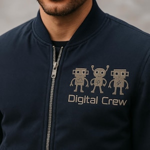 May include: Navy blue bomber jacket with a silver zipper and ribbed collar. The jacket features an embroidered design of three robot characters with the text "Digital Crew" below them. The robots are in a light brown color.