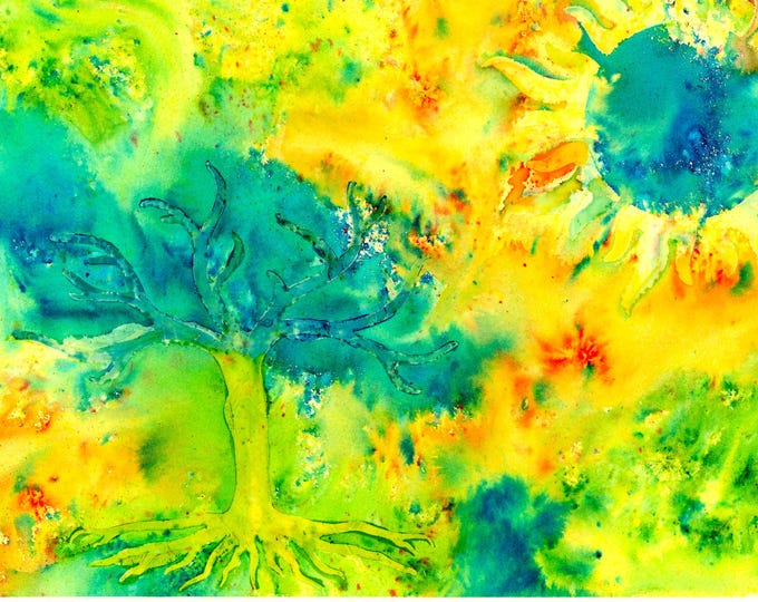 Sun and Tree of Life Watercolor/Mixed Media Original Painting