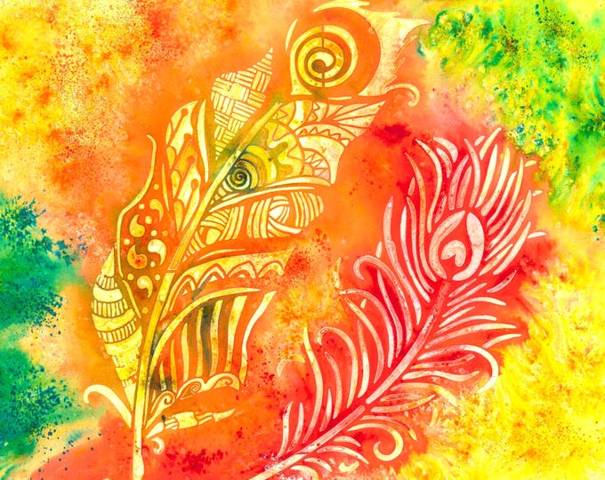 Feathers Vibrant Watercolor Mixed Media Original Painting Giftable