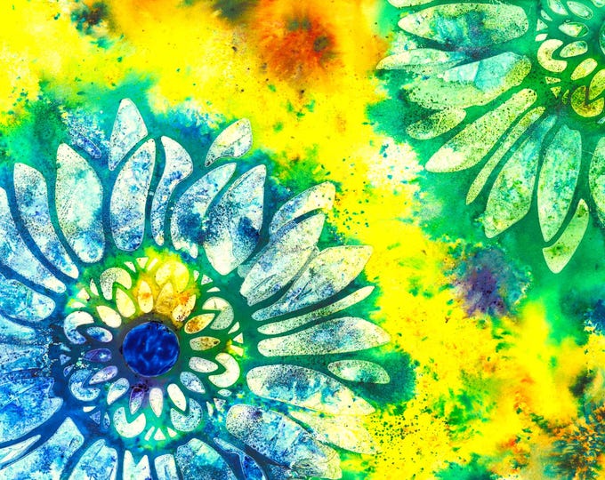 Beautiful Blue Sunflowers Watercolor Mixed Media Original Painting Giftable