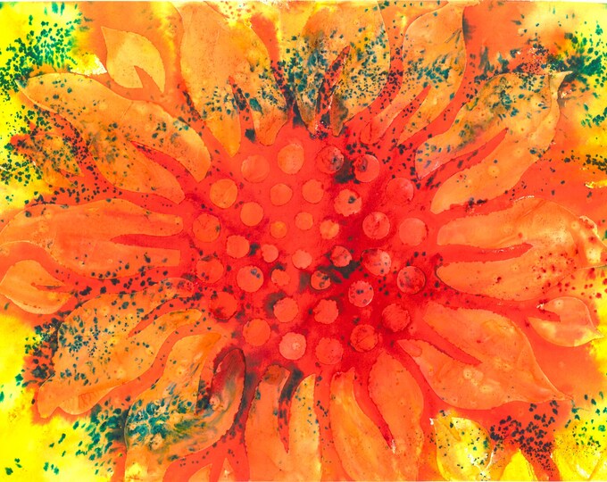 Red Sunflower Watercolor Mixed Media Vibrant Original Painting