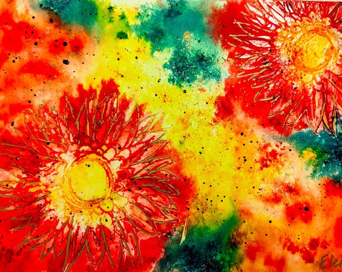 Chrysanthemum Flowers Watercolor Mixed Media Vibrant Original Painting