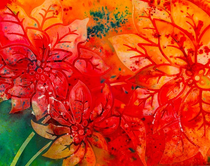 Christmas Poinsettia Watercolor Mixed Media Vibrant Original Painting