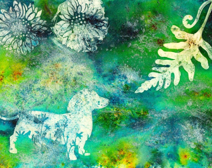 Dog with Flowers Watercolor Mixed Media Original Painting