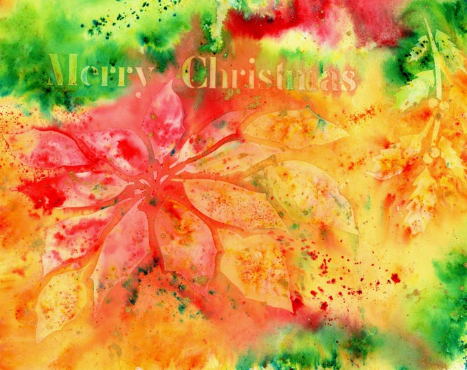 Christmas Poinsettia Watercolor Mixed Media Vibrant Original Painting