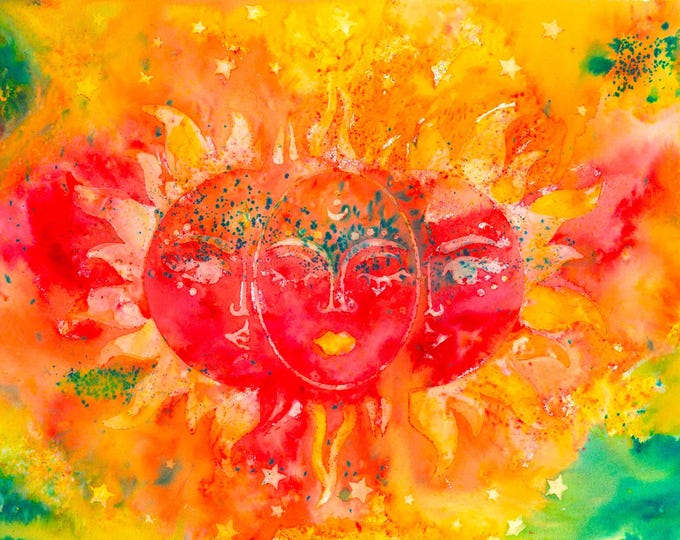 Striking Cerise Sun Goddess Watercolor Mixed Media Original Painting
