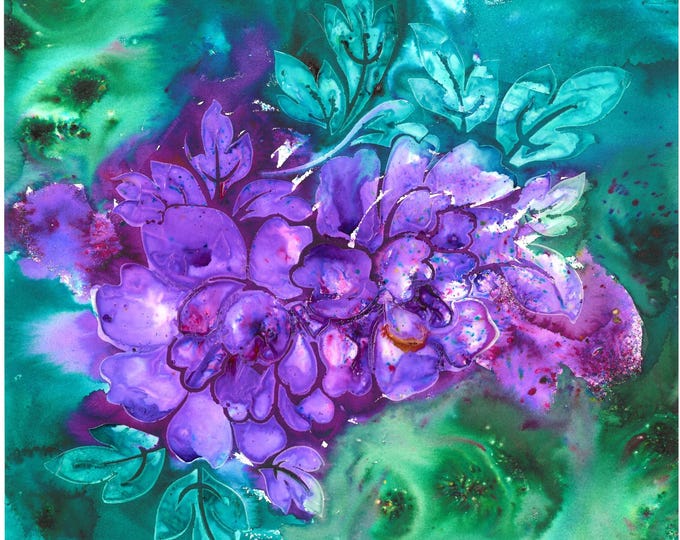 Violet Hydrangeas Watercolor Mixed Media Original Painting