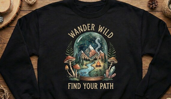 Mystical Mushroom Crystal Art T-Shirt – Celestial Campfire Tee