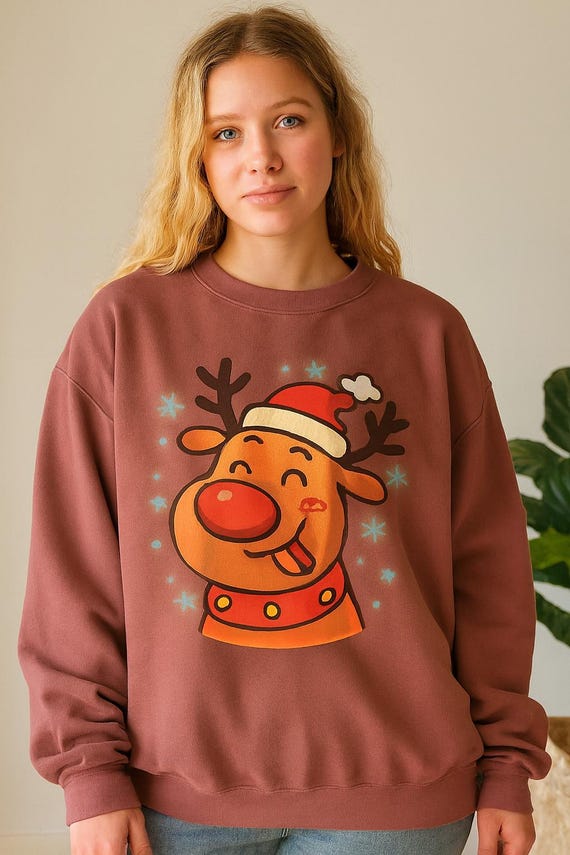 Cute Christmas Reindeer Clipart, Kawaii Rudolph PNG, Santa Hat Deer Illustration, Holiday Kids Artwork, Instant Digital Download