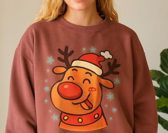 Featured listing image: Cute Christmas Reindeer Clipart, Kawaii Rudolph PNG, Santa Hat Deer Illustration, Holiday Kids Artwork, Instant Digital Download