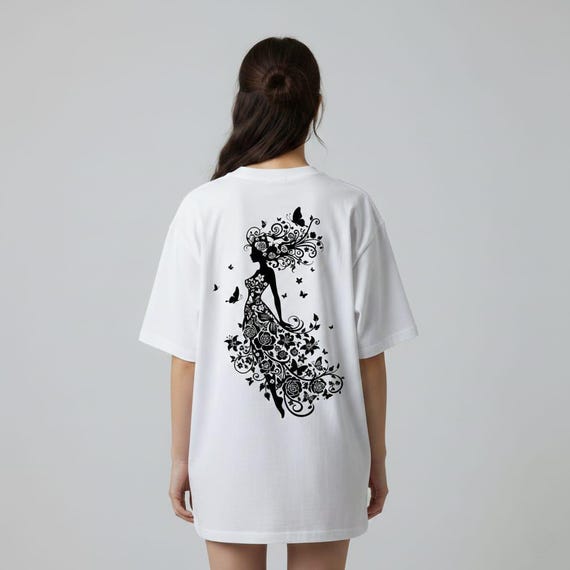 Floral Woman Silhouette: Elegant Line Art, Butterfly Design (Digital PNG, Sublimation Ready)