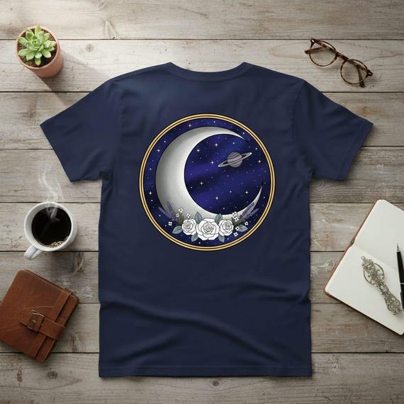 Crescent Moon Celestial Badge PNG | Saturn, Roses, Lavender (Digital Download)