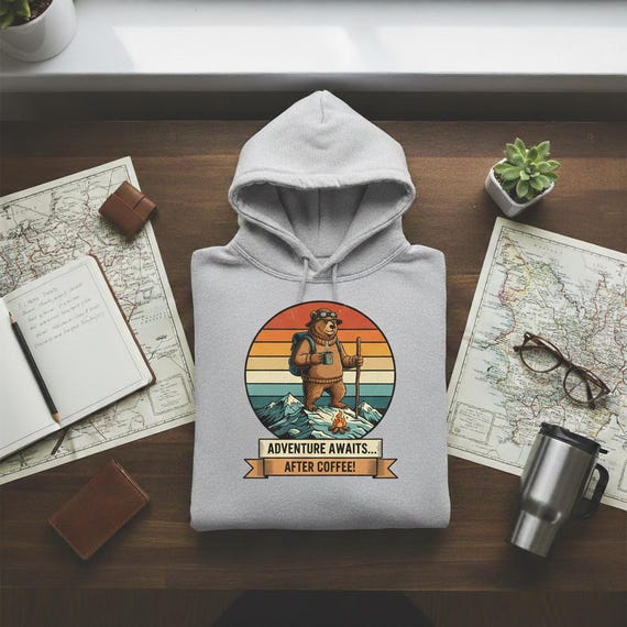 Hiking Bear Coffee PNG | Retro Sunset Camping Badge (Digital Download)