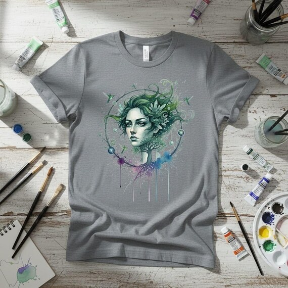 Mystic Nature Woman PNG| Watercolor Forest Goddess Portrait with Green Hair,Crystal Crown, Hummingbirds| Orbs, Boho Fantasy Art |Sublimation