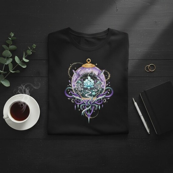 Magical Hummingbird Ornament PNG | Lotus & Mushroom Terrarium Bauble, Purple Teal Ribbons, Sparkles | Sublimation Download