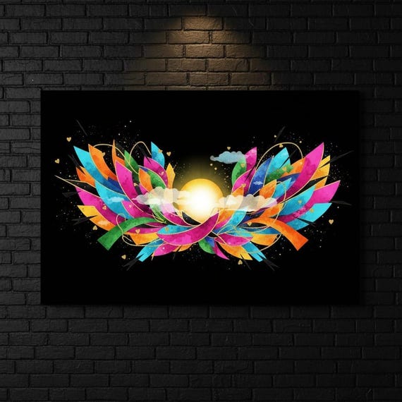 Vibrant Sun PNG: Abstract Colorful Wings - Gold Heart Accents, Boho Celestial Design, Digital Download