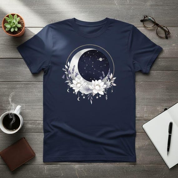 Crescent Moon Constellation PNG | White Lotus & Lavender Floral, Navy Starry Sky Saturn Clipart | Sublimation