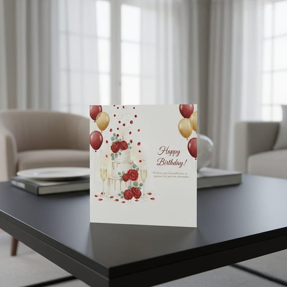 Watercolor Birthday Card, Cake, Balloons, Roses