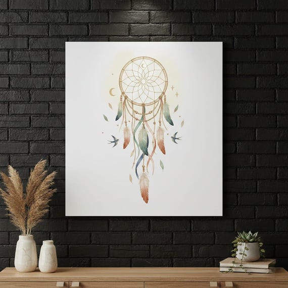 Watercolor Dreamcatcher PNG, Moon Stars Feathers, Boho Nursery Art (Digital Download )
