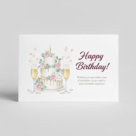 Watercolor Birthday Card, Cake and Champagne, Floral Design (Digital Download PNG File)